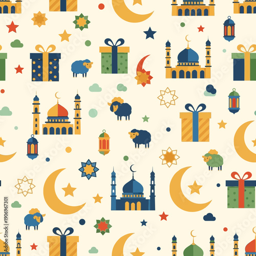 Celebrating Eid with mosque and gift illustrations in a festive pattern