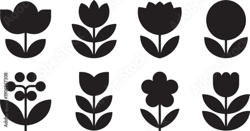 Collection of eight simplified black tulip and various circular flower icons presented vertically in two parallel rows against a white background.