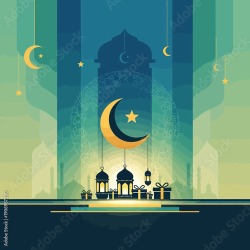 Celebrating Ramadan with crescent moon and star under mosque arches