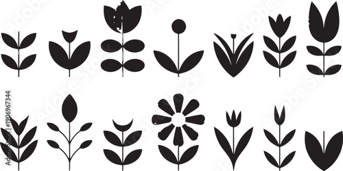 Collection of diverse simple black plant and leaf icons displays various botanical shapes suitable for minimalist graphic design applications.