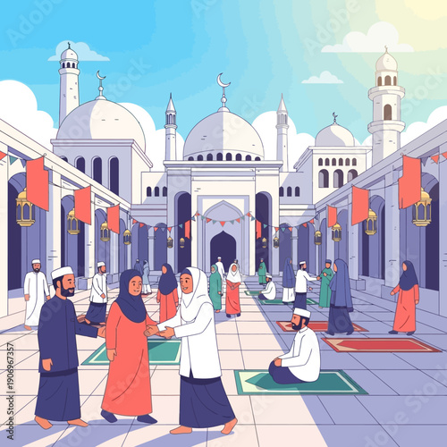 People gathering in a mosque courtyard during prayer time in a serene environment from a high viewpoint