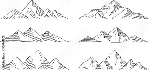 Six hand-drawn style mountain range illustrations feature detailed etching and hatching techniques suggesting rugged terrain suitable for vintage or retro design projects.
