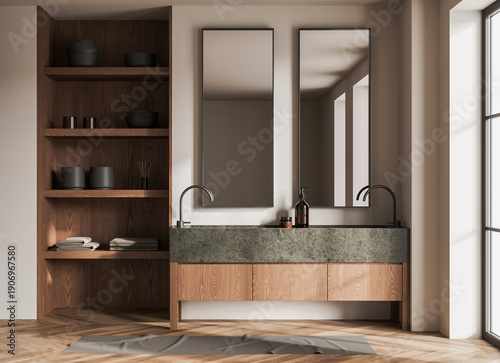 Canvas-taulu Modern bathroom interior with wood shelving, dual mirrors, and stone countertop, minimalist design on neutral background
