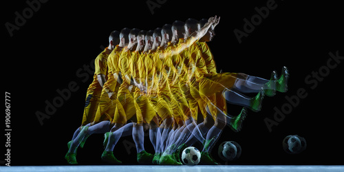 Tableau sur toile Stroboscopic soccer kick motion sequence in dark studio