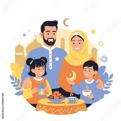 Happy Muslim family breaking fast together.