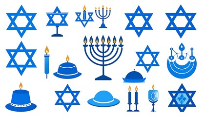 Assorted vector illustrations with Jewish religious symbols including Star of David, candles, hats, and the menorah