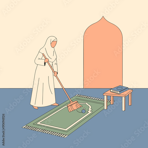 Woman cleaning a prayer mat in a mosque.