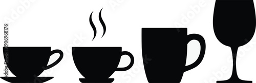 Black drinkware silhouette set, coffee cup, tea mug with steam, and wine glass icons, beverage container vector collection, kitchenware symbols,
