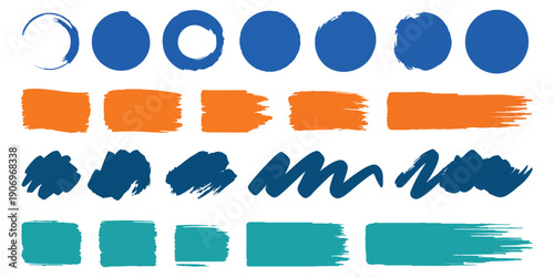 Vector set of colorful hand-painted brush shapes, collection of blue and orange textured circles, rectangles and abstract strokes for artistic design