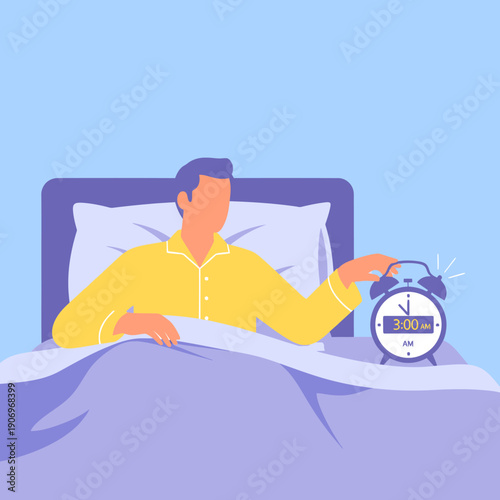Man waking up to alarm clock.