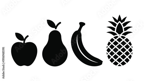 Black fruit silhouette set, apple, pear, banana, and pineapple icons, organic healthy food vector collection, tropical and garden fruit symbols,