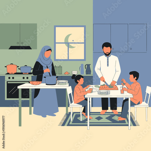 A Muslim family breaking fast together.