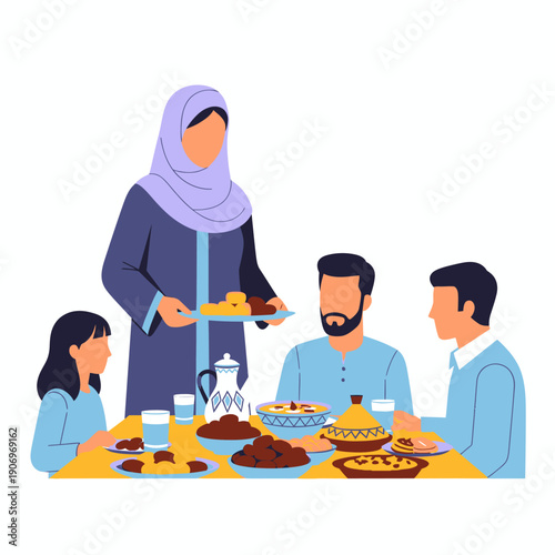 A Muslim family sharing a meal together.