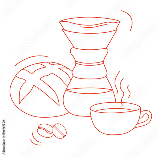 Hand-drawn pour over coffee dripper, cup and coffee beans and bread loaf composition in line art style for bakery or coffee shop