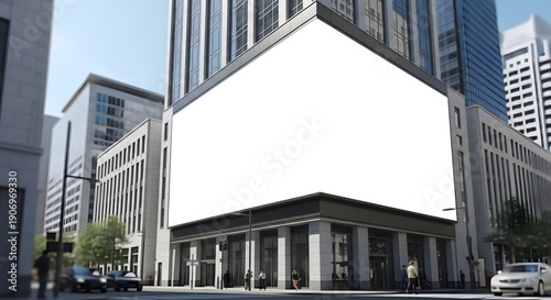 Modern glass office skyscraper on a New York City street under a blue sky