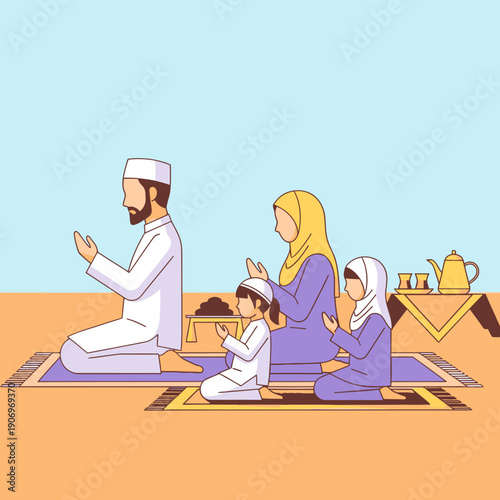 A Muslim family praying together on a rug.