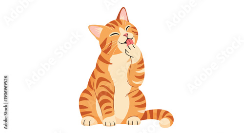 Illustration of an orange tabby cat sitting and licking its paw against a clean white background.