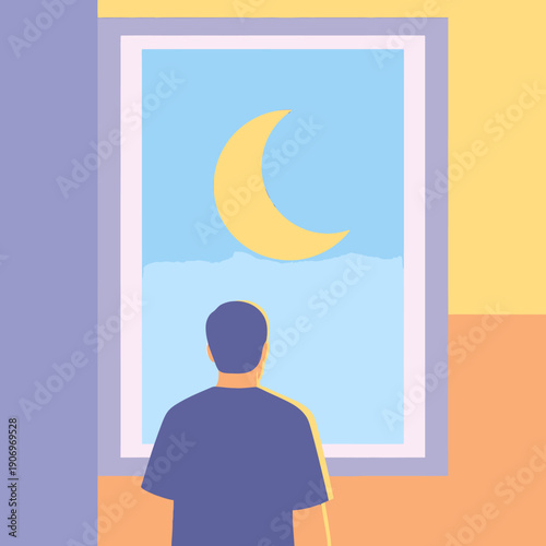 Man looking out window at crescent moon.