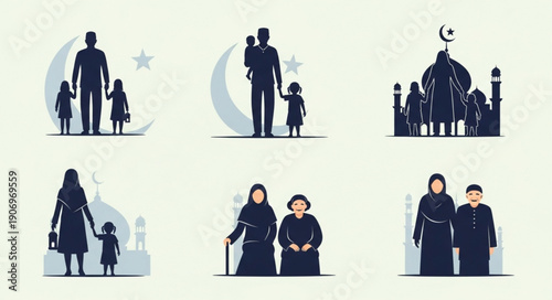 Islamic Family Silhouettes with Crescent Moon and Mosque.
