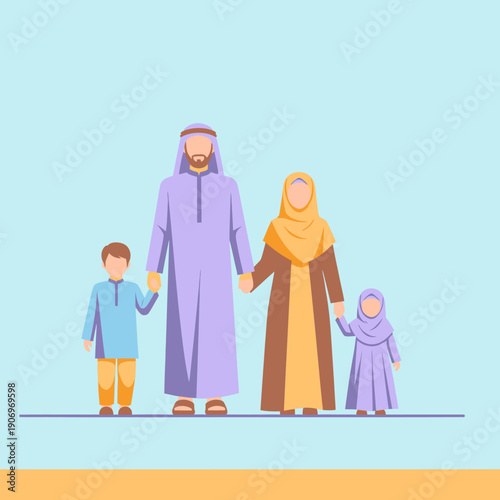 A family of four wearing traditional clothing.
