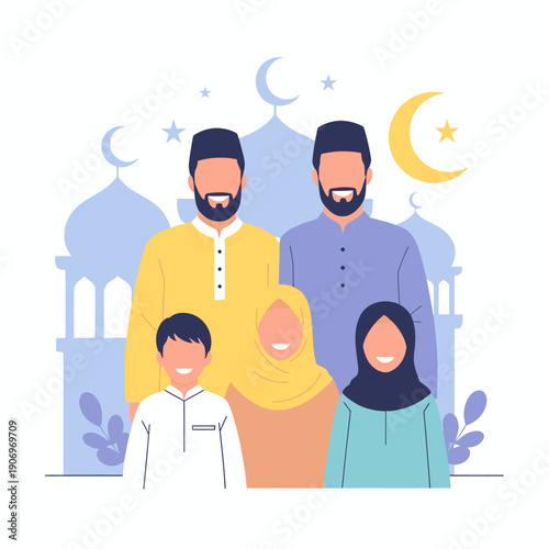 A Muslim family celebrating together outdoors.