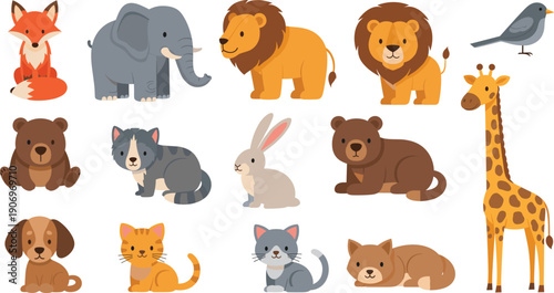 Cute Cartoon Animal Character Set with Wild and Domestic Animals Including Lion Elephant Giraffe and Pets for Kids Vector Illustrations
