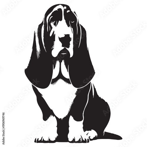 Adorable Basset Hound Dog Vector Silhouette Illustration Featuring Long Ears Short Legs Gentle Expression Perfect For Logos Stickers T-Shirts Posters Prints Social Media Branding Pet.