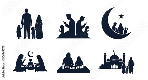Islamic Family Silhouettes Celebrating Ramadan and Eid.
