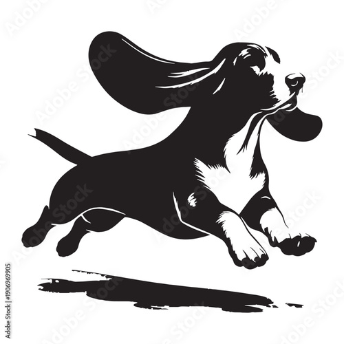 Adorable Basset Hound Dog Vector Silhouette Illustration Featuring Long Ears Short Legs Gentle Expression Perfect For Logos Stickers T-Shirts Posters Prints Social Media Branding Pet.