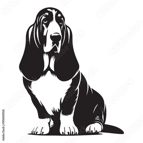 Adorable Basset Hound Dog Vector Silhouette Illustration Featuring Long Ears Short Legs Gentle Expression Perfect For Logos Stickers T-Shirts Posters Prints Social Media Branding Pet.