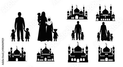 Islamic Family Silhouettes and Mosque Illustrations Collection.