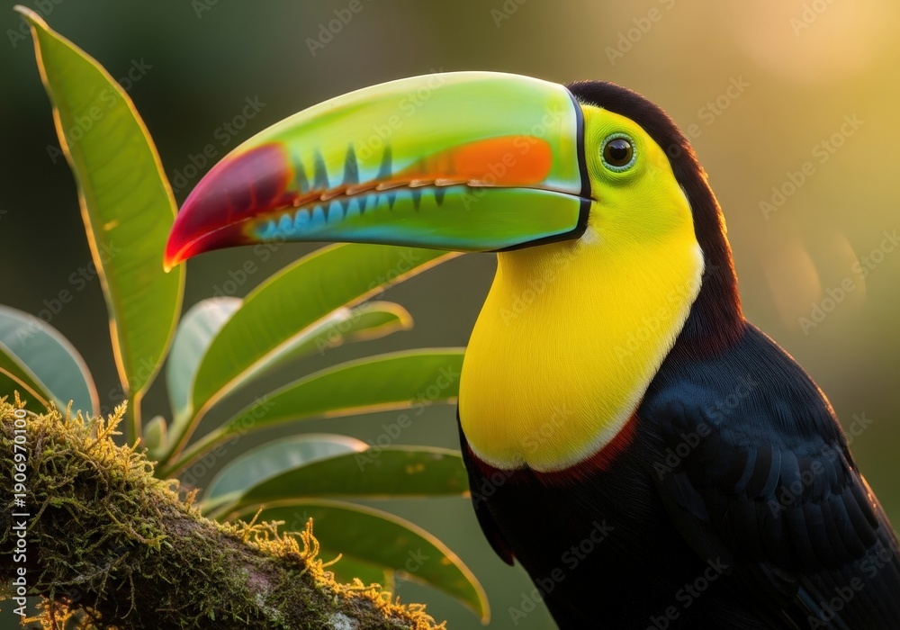 Fototapeta premium Colorful Toucan Perched on Branch with Lush Greenery Background