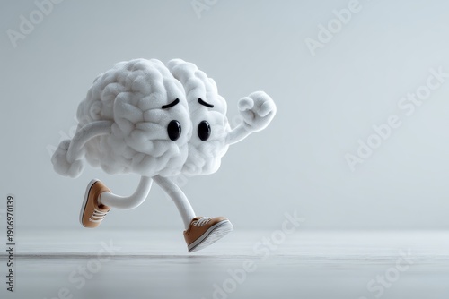 3D animated plush brain character in sneakers running and appearing fatigued, symbolizing mental effort, motivation, and fitness in a modern, minimal context