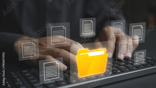 File folder management concept. Person using computer laptop with digital file and folder icons, document organization, data storage and workflow efficiency.