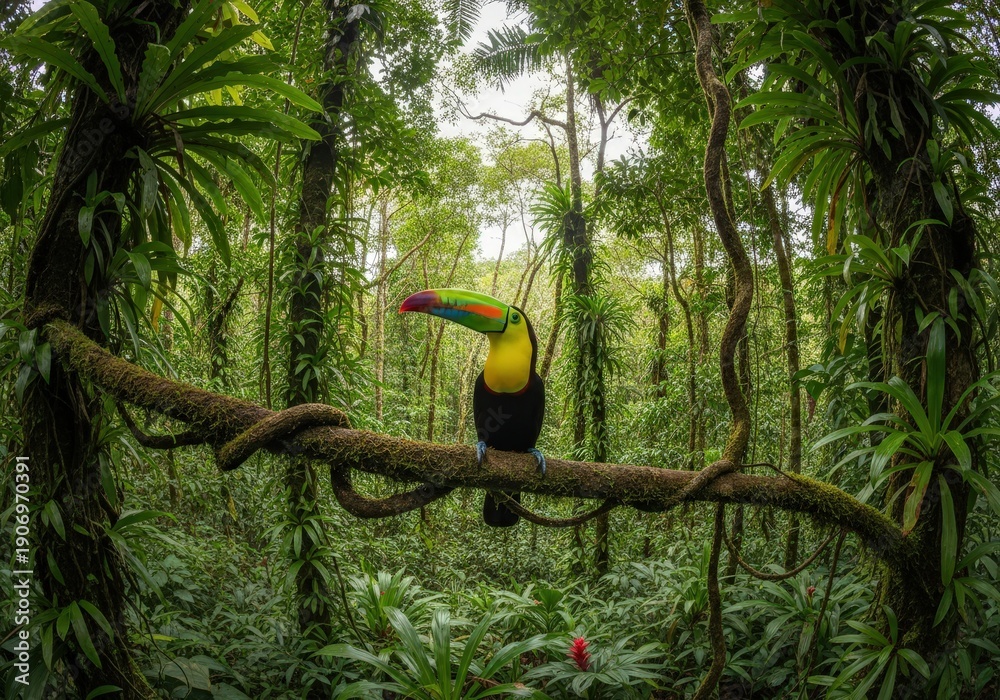 Fototapeta premium Vibrant Toucan Perched on Branch Amid Lush Tropical Forest