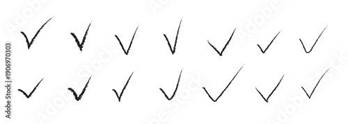 Check mark set. Hand drawn grunge brushed tick symbol design element. Isolated vector yes check marks collection.