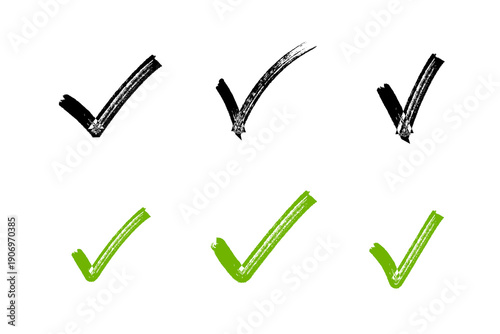 Check mark grungy set. Hand painted grunge brush tick symbol design element. Isolated vector yes check marks collection.