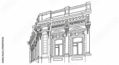 Ornate architectural sketch of a building facade with detailed windows and decorative elements