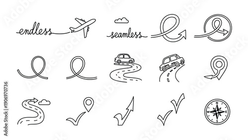 Seamless Journey Symbols: Collection of hand-drawn travel symbols evokes a sense of continuous flow, guiding the viewer through various modes of transport and highlighting the journey. 