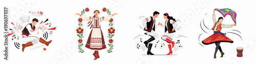 Vector collection of traditional folk dancers and musicians wearing national costumes, celebrating cultural heritage through dance and music performance.