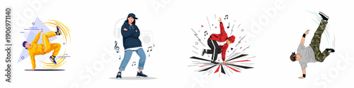 Dynamic Breakdancing and Hip Hop Culture Vector Set featuring Street Dancers Performing Power Moves and Poses.
