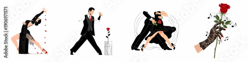Passionate Tango Dance Illustrations Set: Dynamic dancers, sensual movements, red roses, and dramatic elegance on a white background.