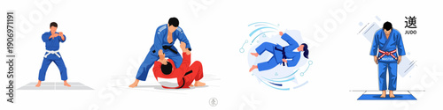 Dynamic Judo illustrations set featuring stance, grappling techniques, throwing actions, and a judo master performing the traditional bowing etiquette.