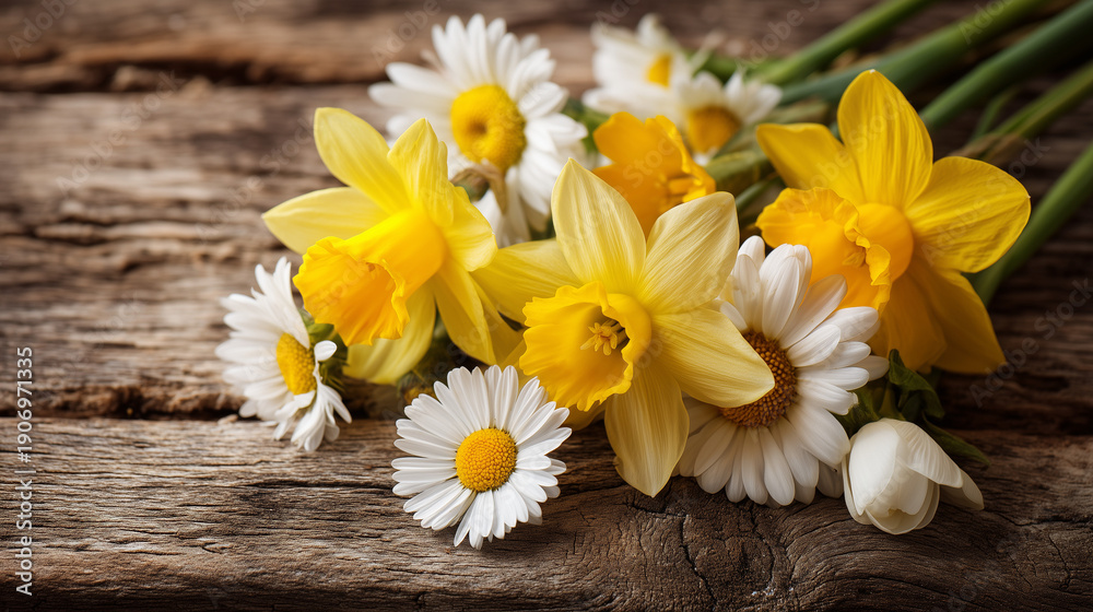Obraz premium Bright daffodils and daisies on rustic wood surface. Spring floral background for St. David's Day celebration with copy space.