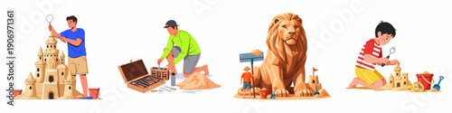Sand sculpting artists and children building detailed castles and magnificent lion statues, illustrating creativity and summertime beach fun.