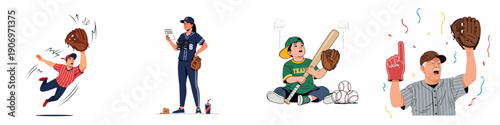 Baseball game activity set featuring players, coach, young enthusiast, and excited fan, illustrating various aspects of the sport and community.