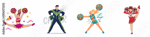 Dynamic vector illustration set showcasing male and female cheerleaders performing jumps, splits, and spirited poses with colorful pom-poms.