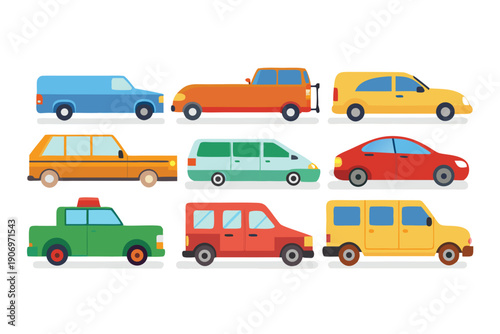 Collection of colorful cartoon cars various vehicles transportation icons