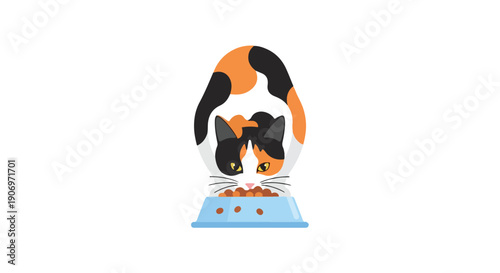 Illustration of a calico cat eating from a blue bowl on a white background.