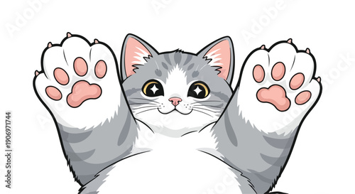 A cartoon gray and white cat peeking over a surface with its paws raised in a playful gesture against a clean white background.